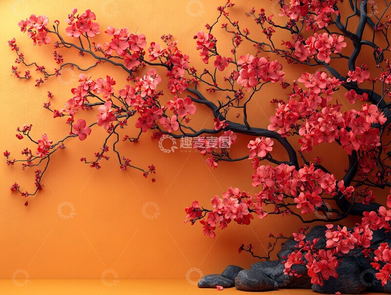 高清大图下载【趣麦麦图】桃花红叶黑背景