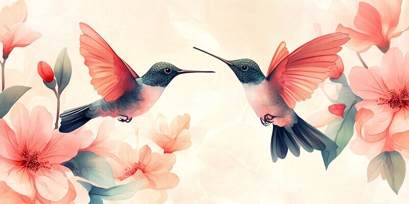 高清大图下载【趣麦麦图】粉红蜂鸟花卉图案