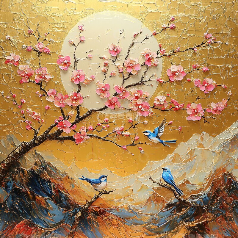 高清大图下载【趣麦麦图】樱花树与蓝鸟