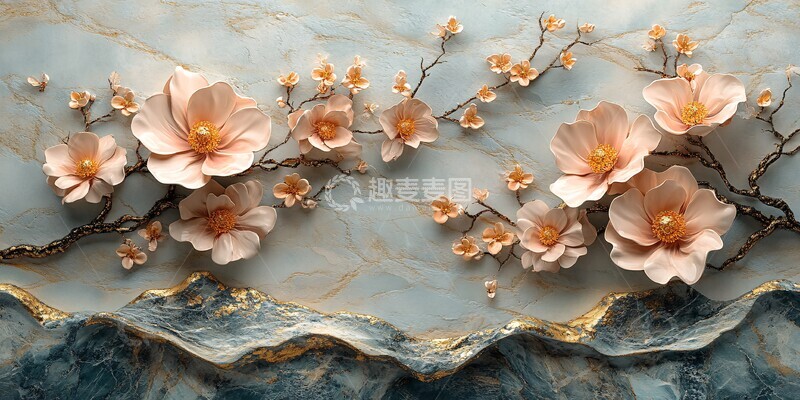 高清大图下载【趣麦麦图】花卉浮雕大理石壁画