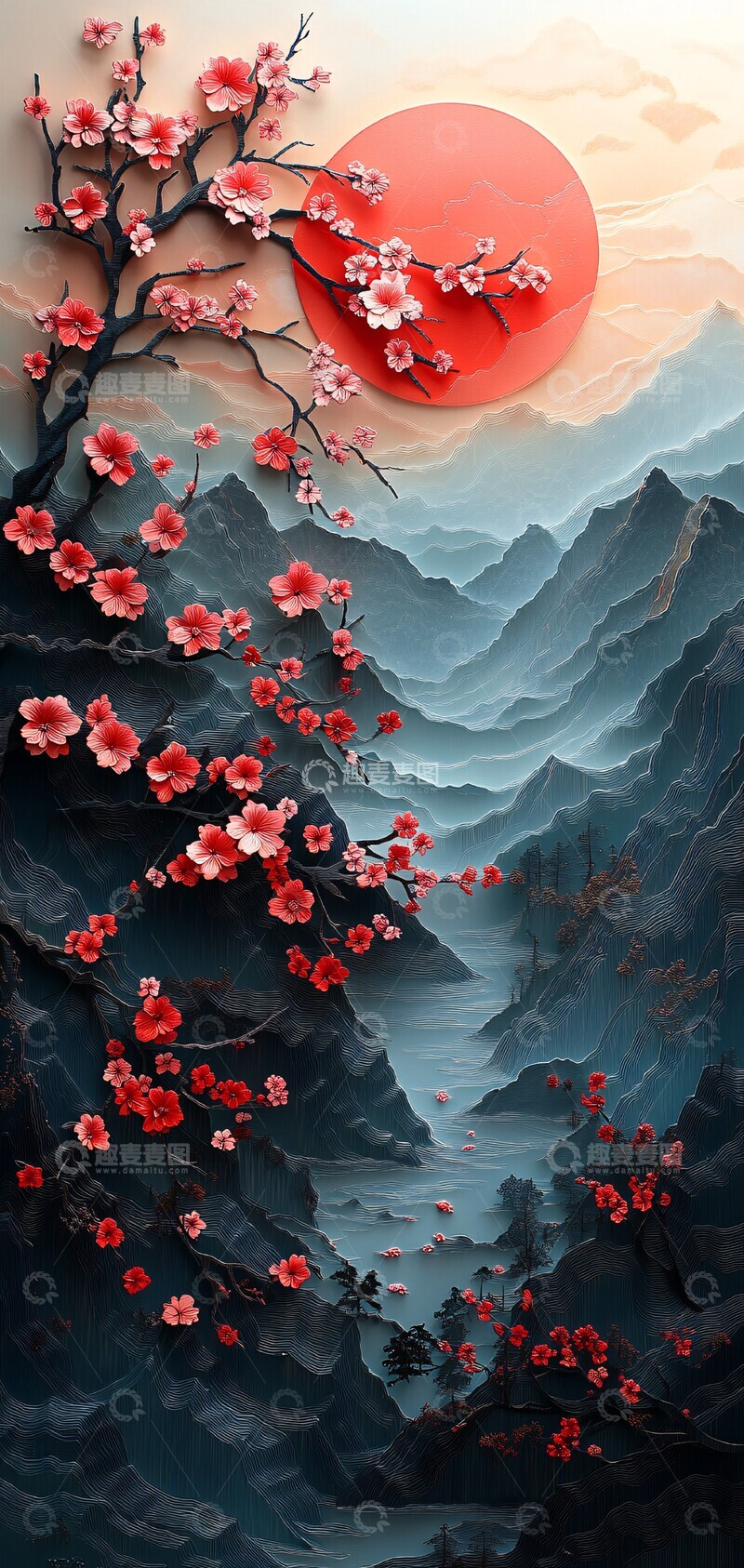 高清大图下载【趣麦麦图】樱花山峦纸艺