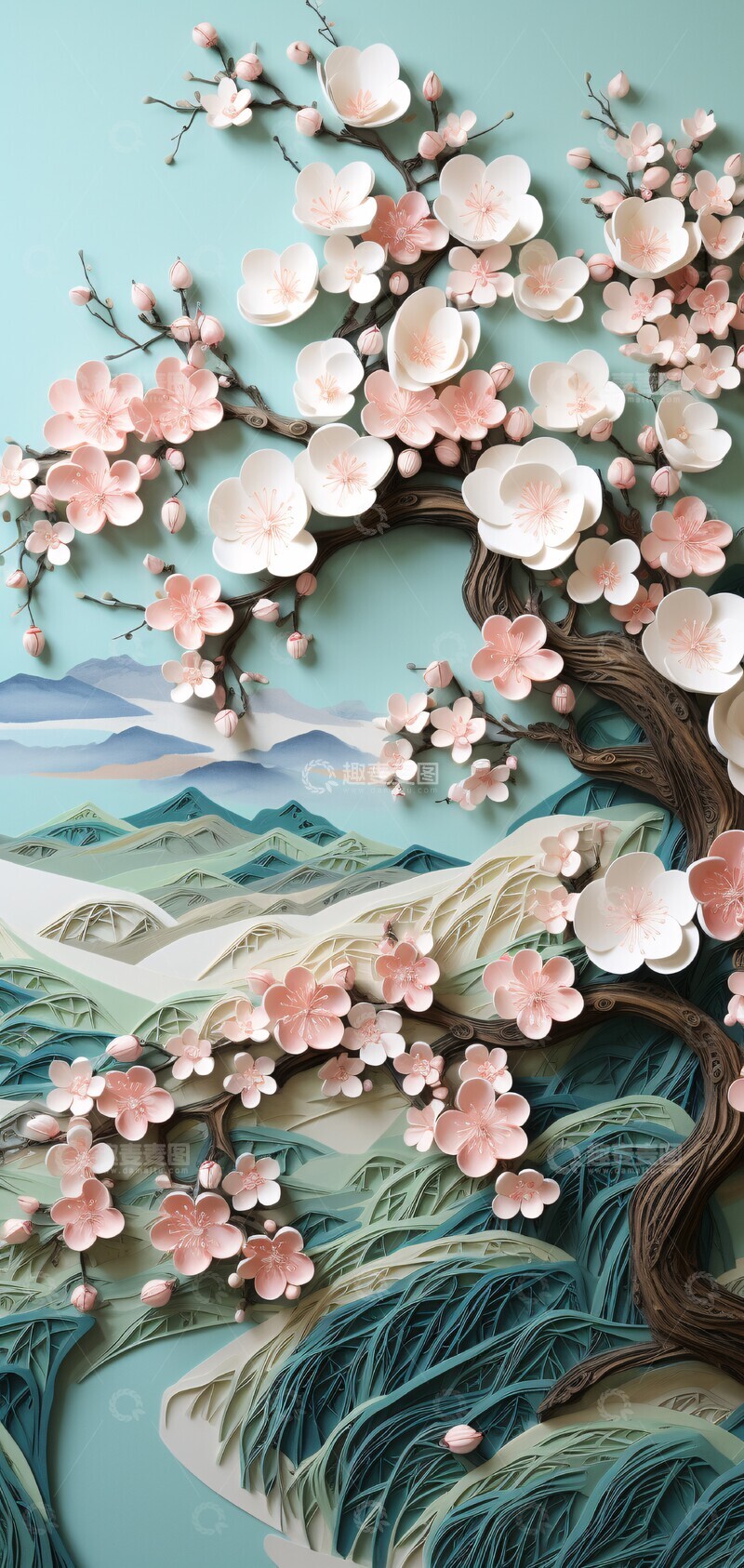 高清大图下载【趣麦麦图】樱花山景纸雕