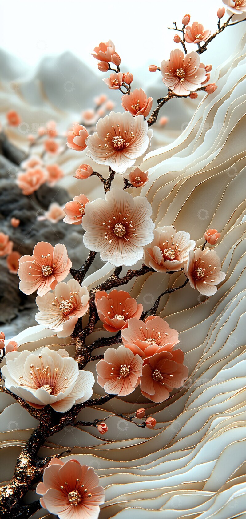 高清大图下载【趣麦麦图】樱花浪花纸雕1