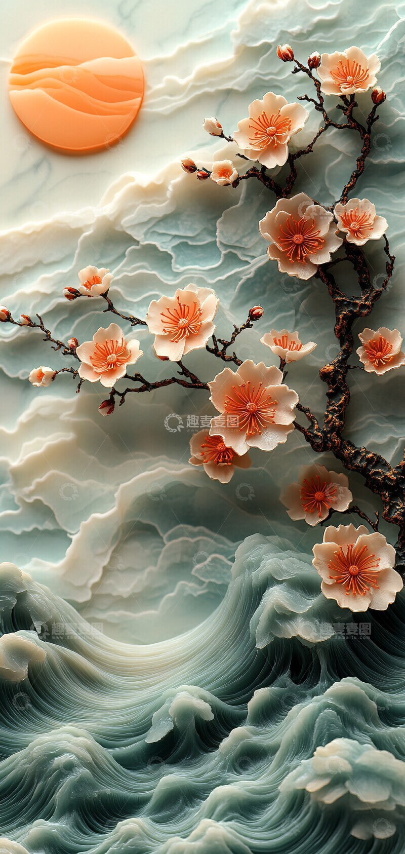 高清大图下载【趣麦麦图】樱花浪涛山峦图