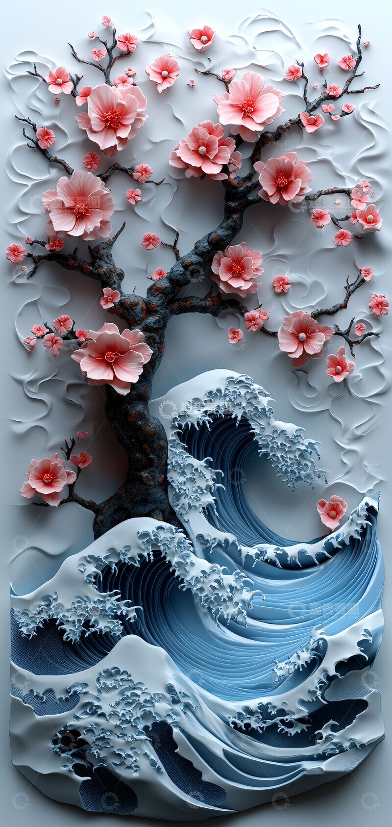 高清大图下载【趣麦麦图】樱花树与海浪3