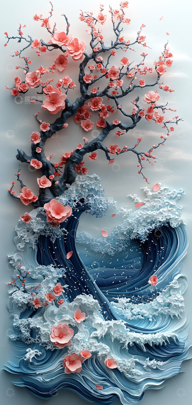 高清大图下载【趣麦麦图】樱花树与海浪1