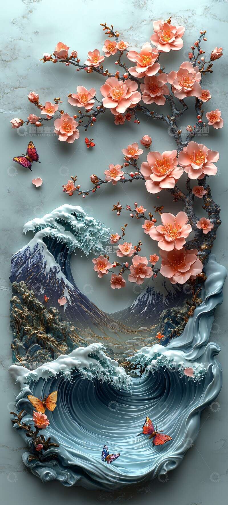 高清大图下载【趣麦麦图】樱花波浪与富士山2