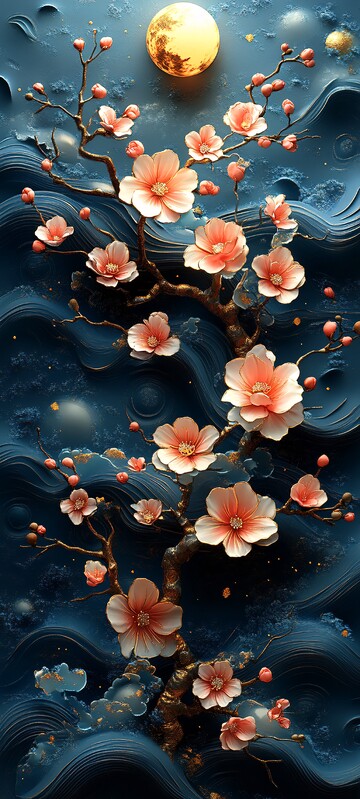 樱花枝与波纹月夜3