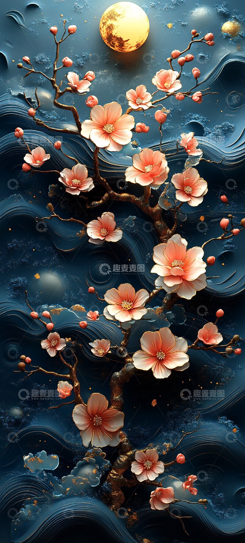 高清大图下载【趣麦麦图】樱花枝与波纹月夜3