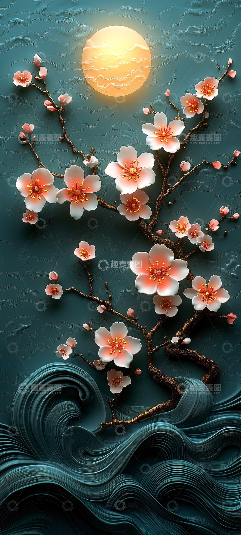 高清大图下载【趣麦麦图】樱花枝与波纹月夜2