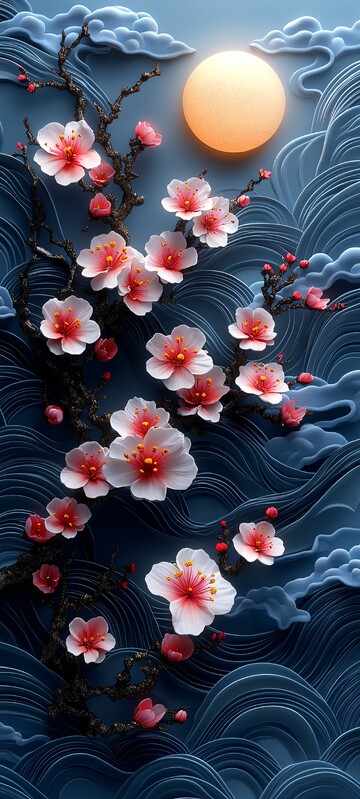 樱花枝与波纹月夜1