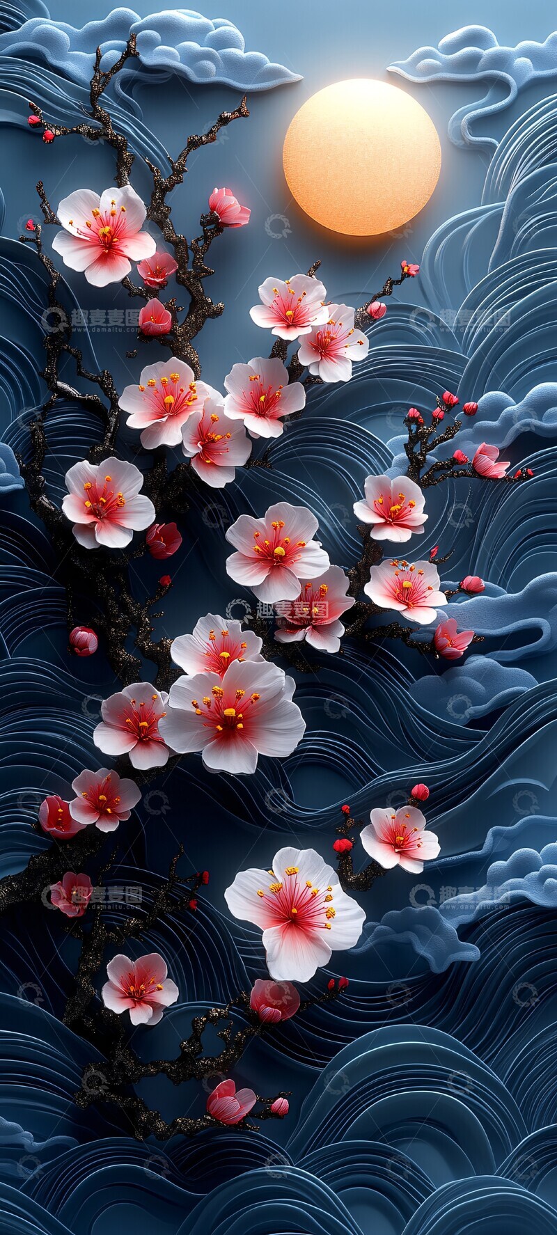 高清大图下载【趣麦麦图】樱花枝与波纹月夜1