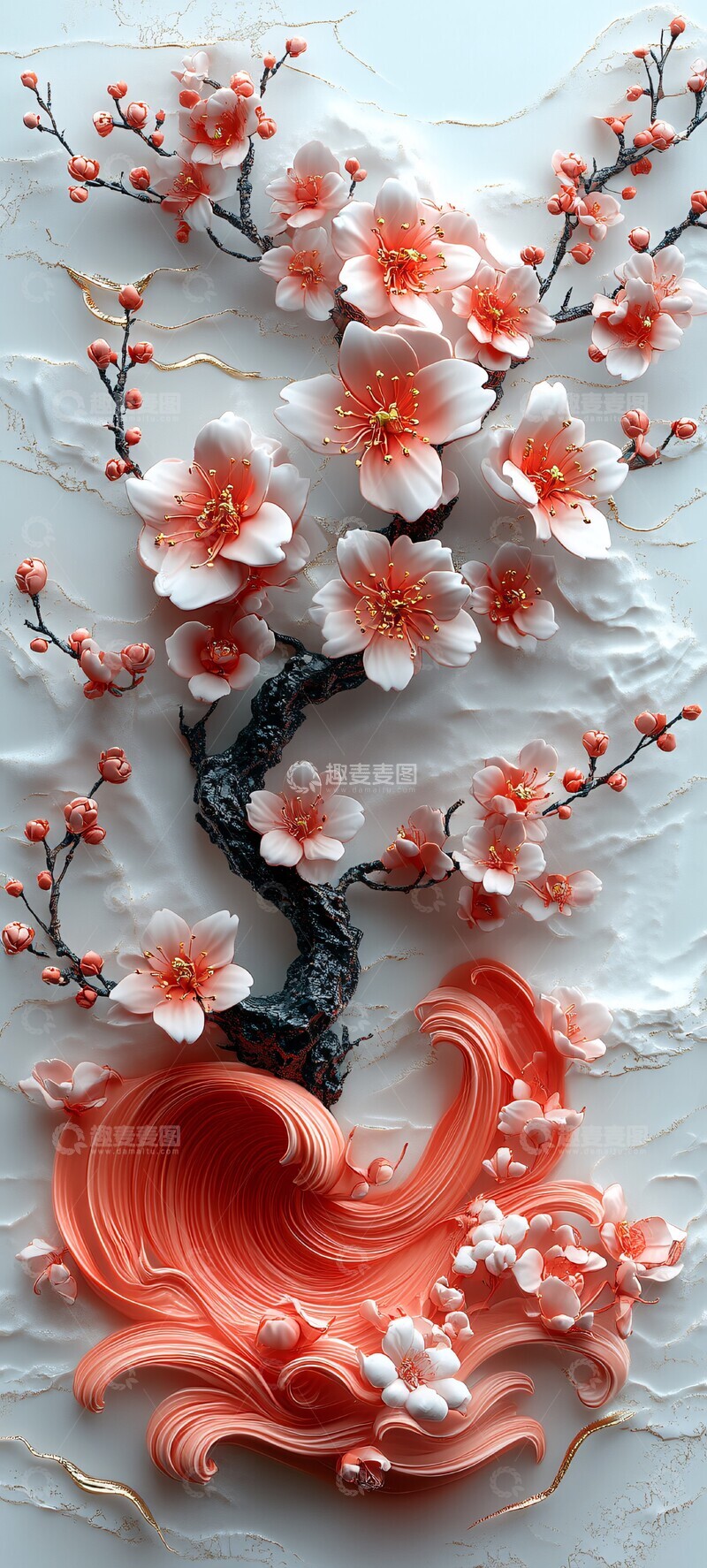 高清大图下载【趣麦麦图】樱花树枝海浪图1