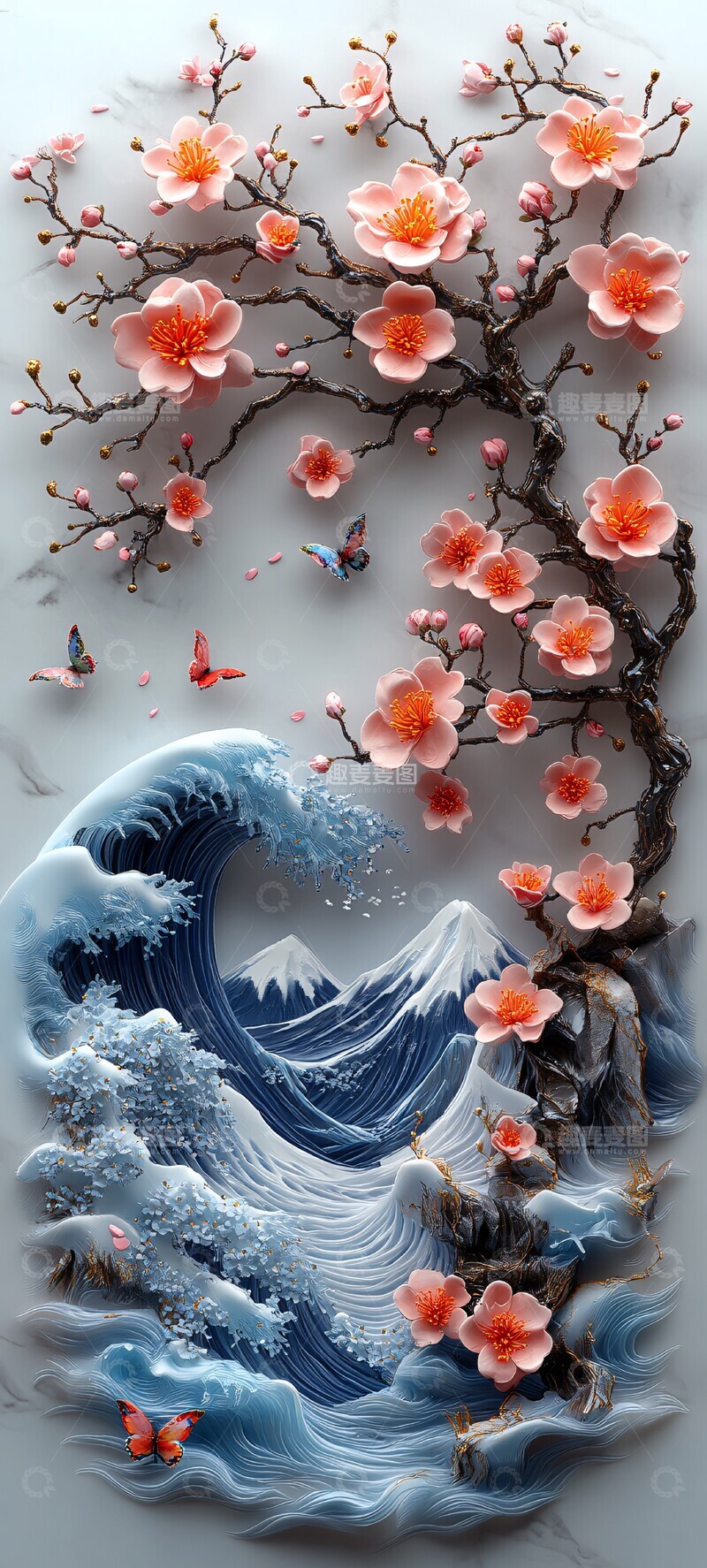 高清大图下载【趣麦麦图】樱花波浪与富士山