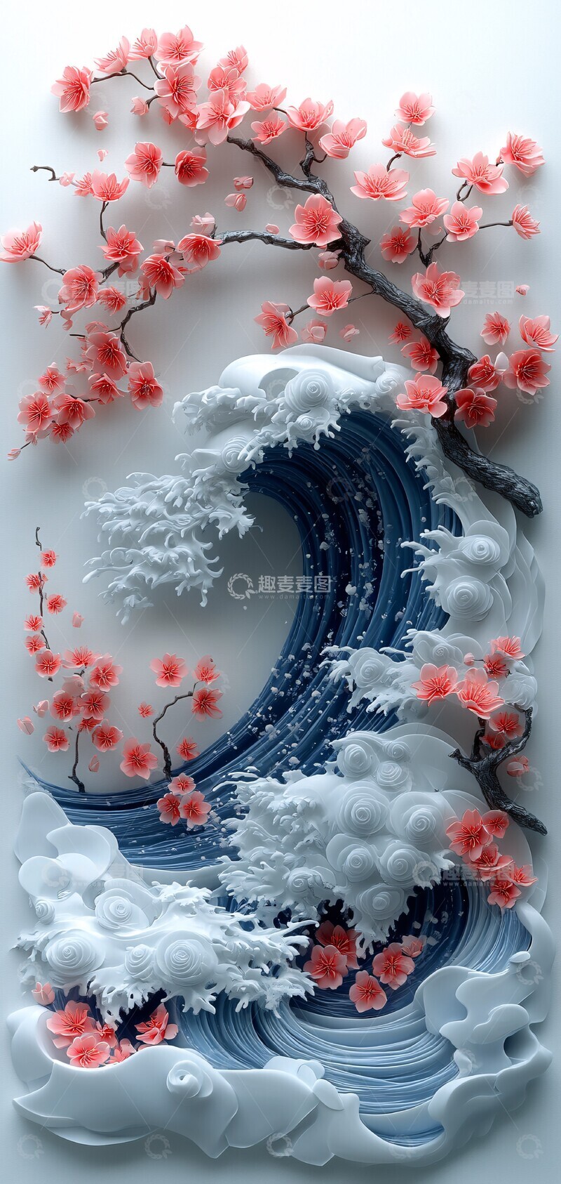 高清大图下载【趣麦麦图】樱花树与海浪