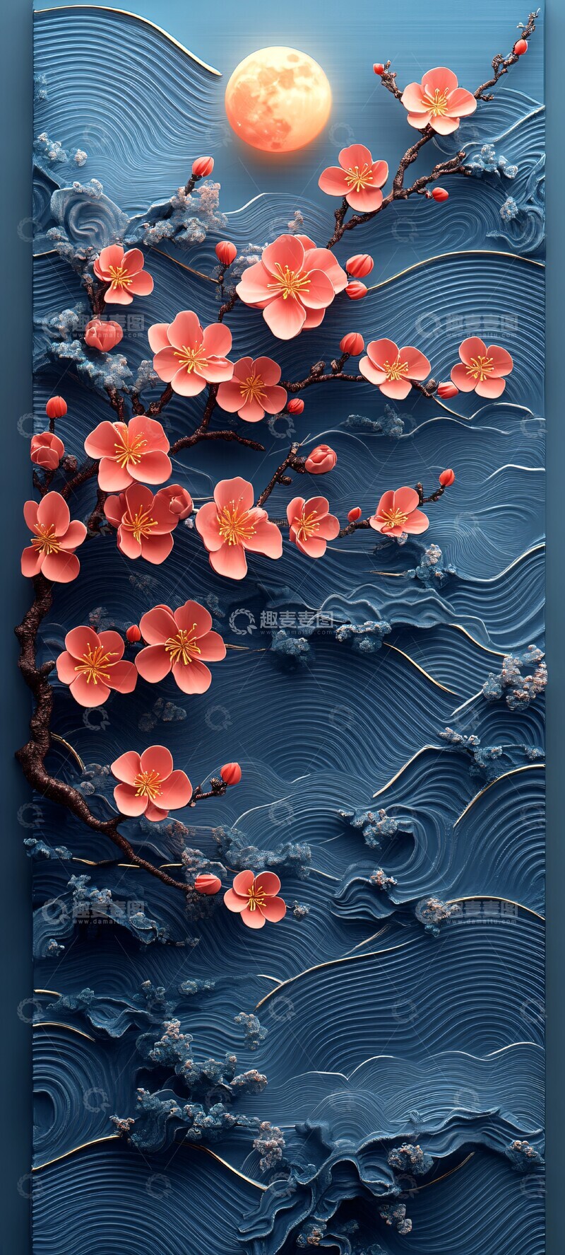 高清大图下载【趣麦麦图】樱花枝与波纹月夜