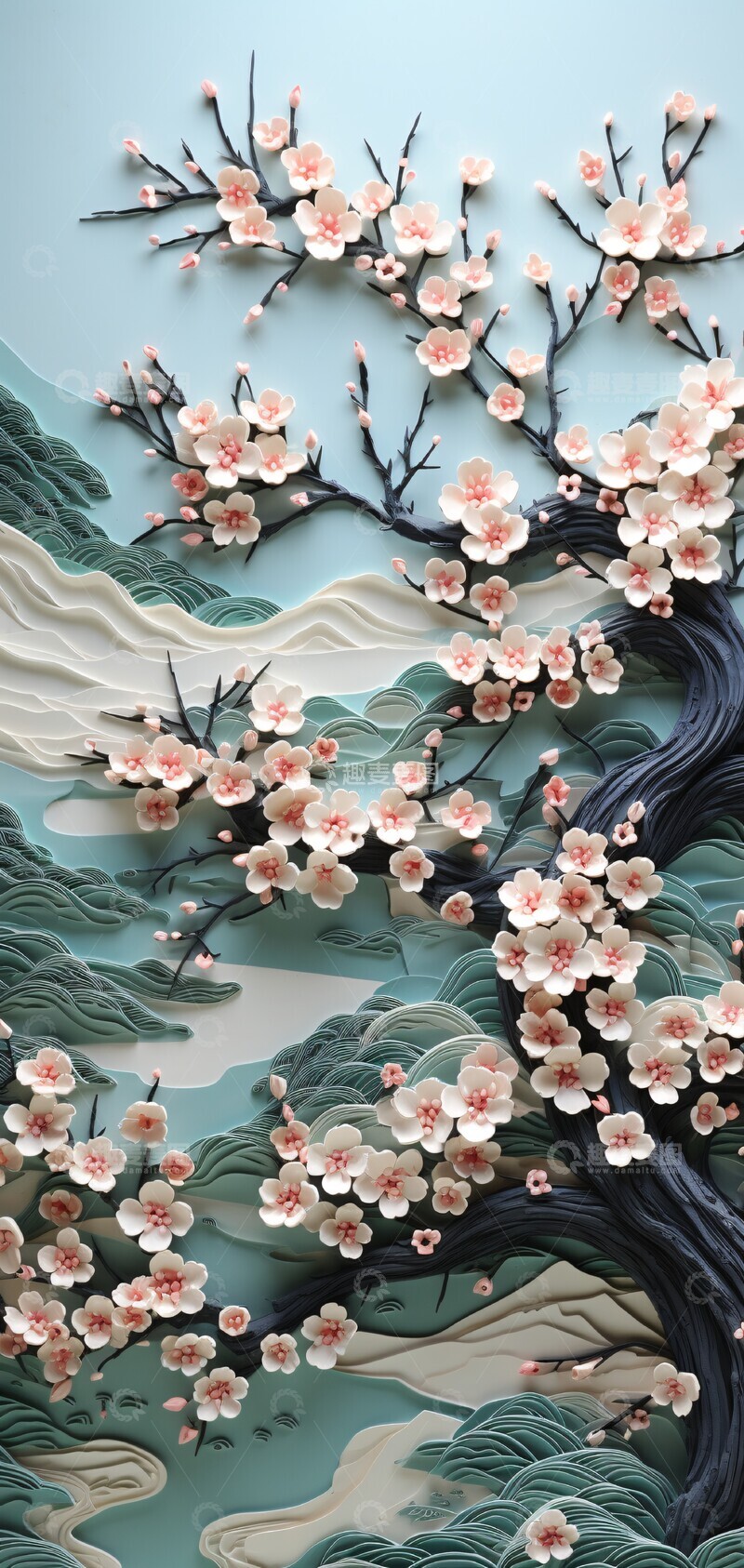 高清大图下载【趣麦麦图】樱花山景纸雕1