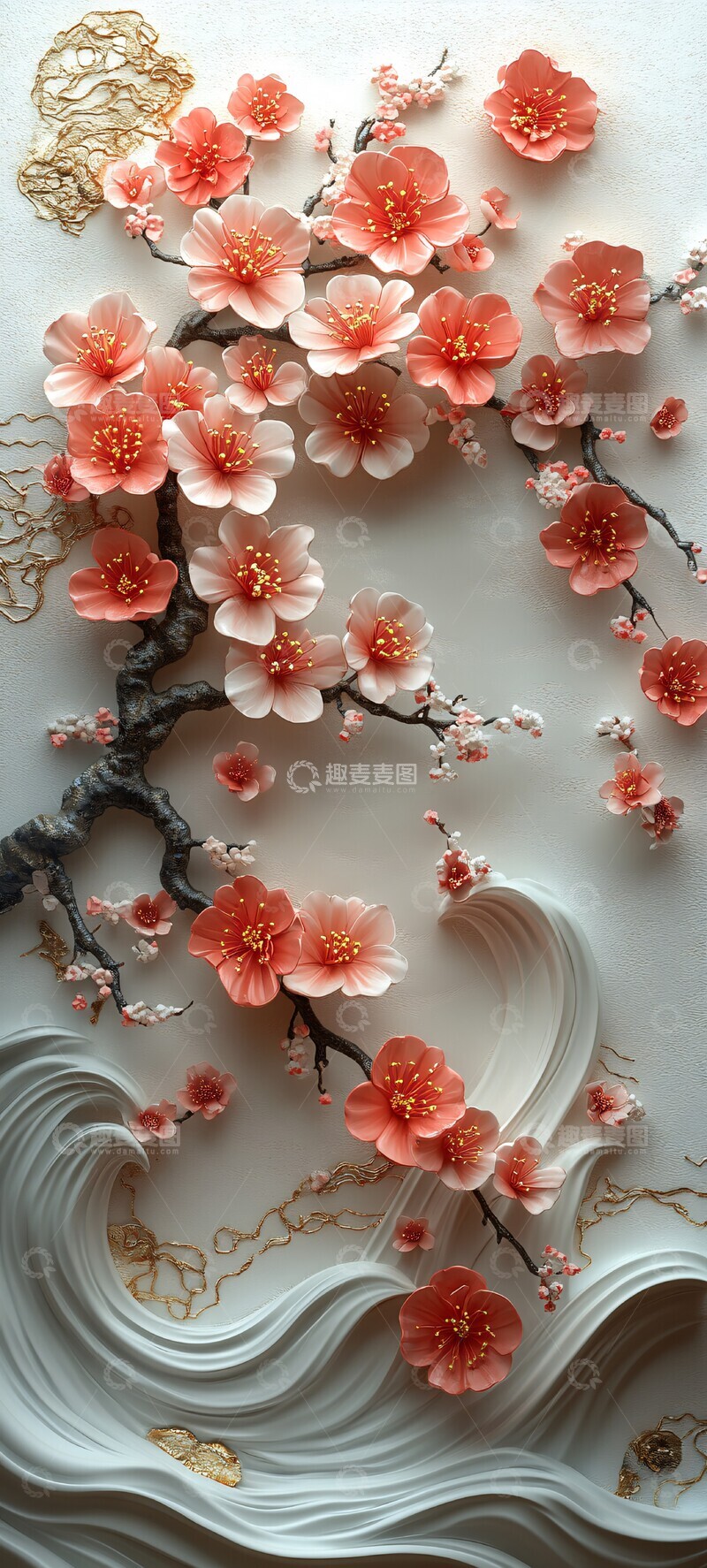 高清大图下载【趣麦麦图】樱花树枝海浪图