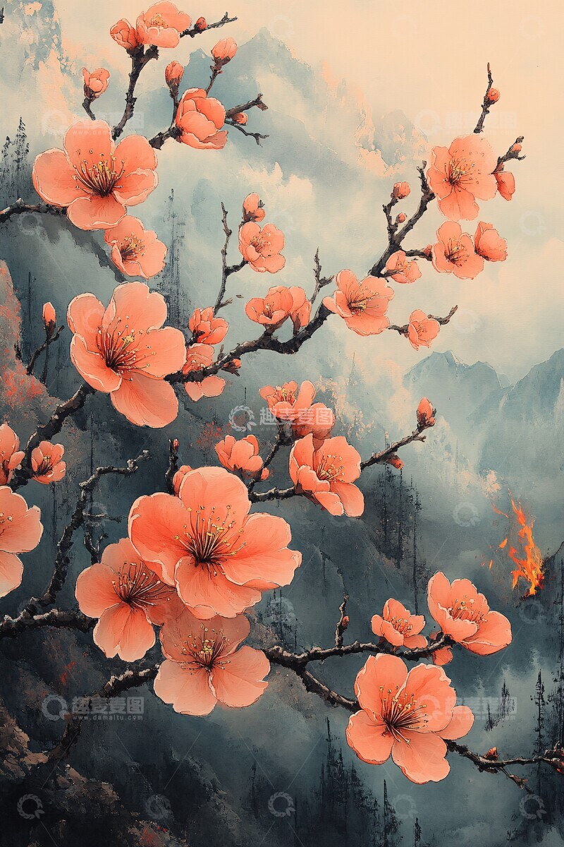 高清大图下载【趣麦麦图】桃花林火焰旗1