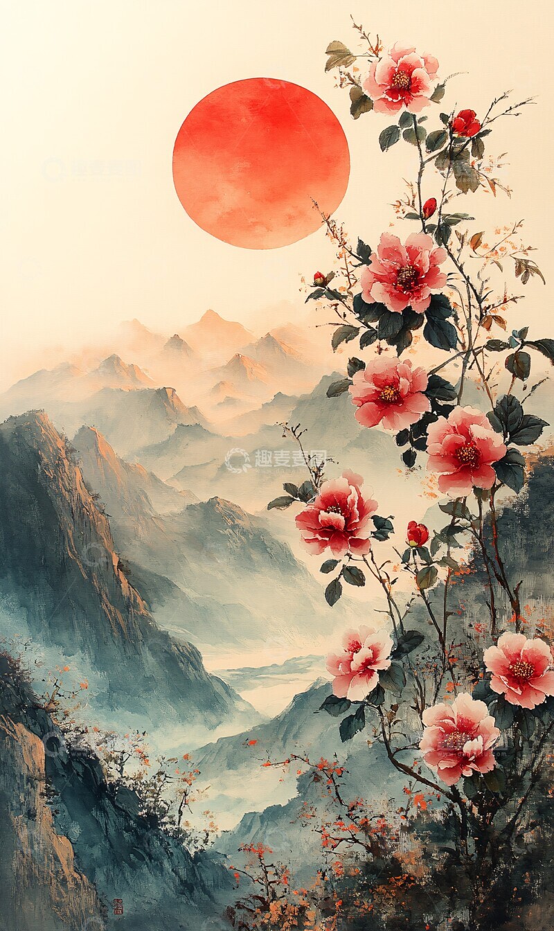 高清大图下载【趣麦麦图】日出山间花叶图2