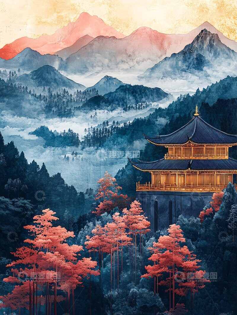 高清大图下载【趣麦麦图】金色云纹山水屏2