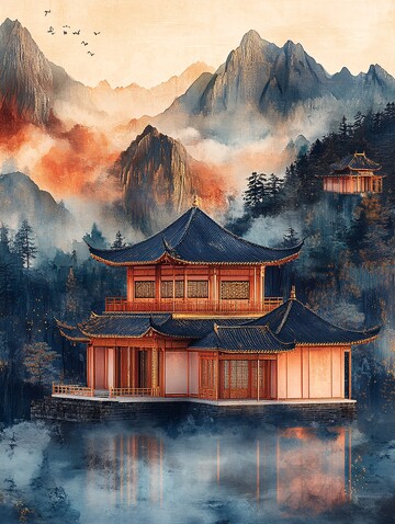 金色云纹山水屏1