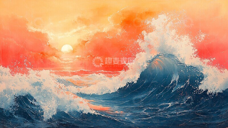 高清大图下载【趣麦麦图】海浪木刻版画