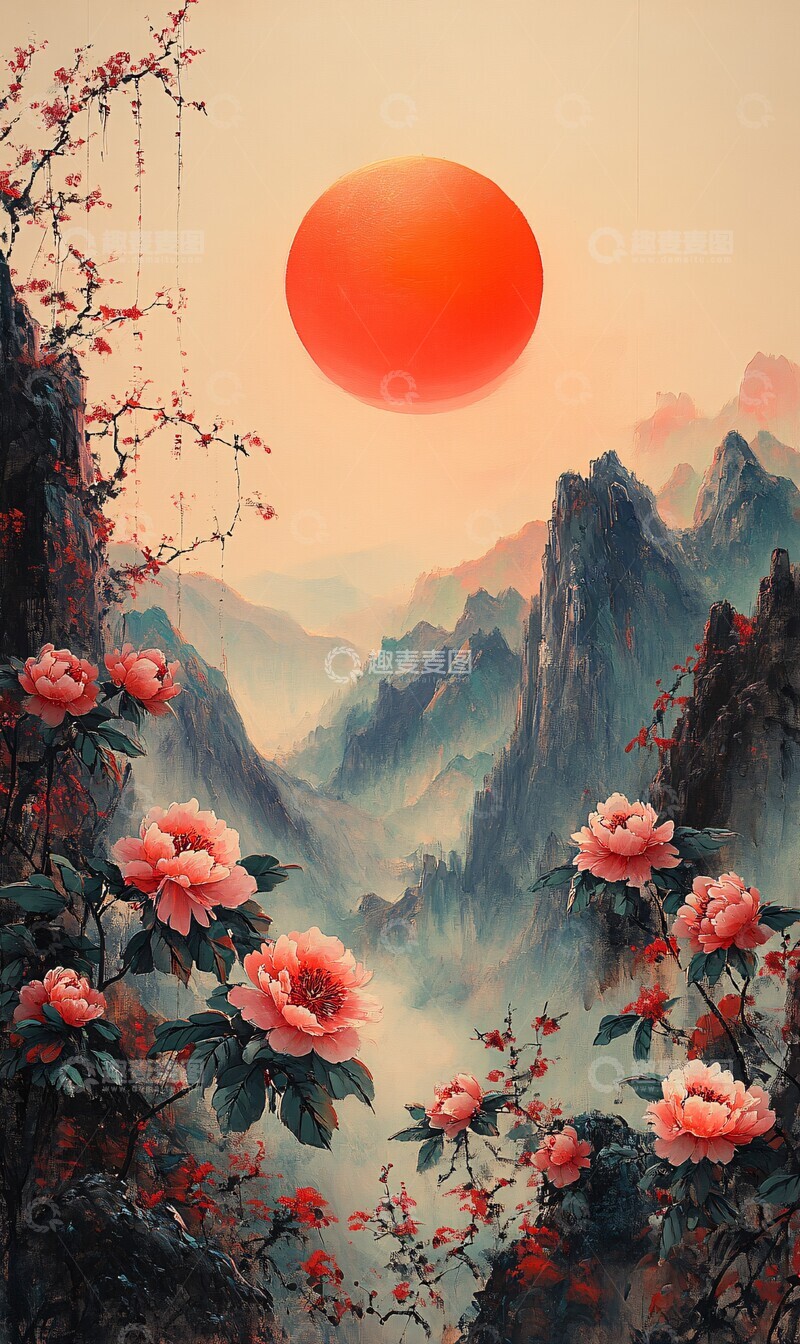 高清大图下载【趣麦麦图】日出山间花叶图