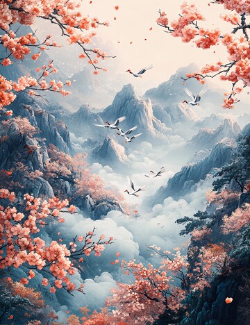 粉紫山峦云雾缭绕