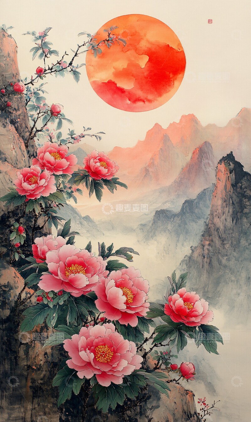 高清大图下载【趣麦麦图】日出山间花叶图1