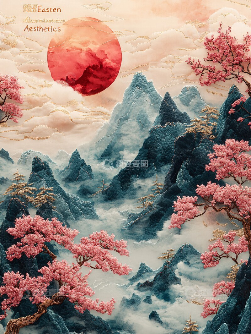 高清大图下载【趣麦麦图】樱花山水刺绣图案
