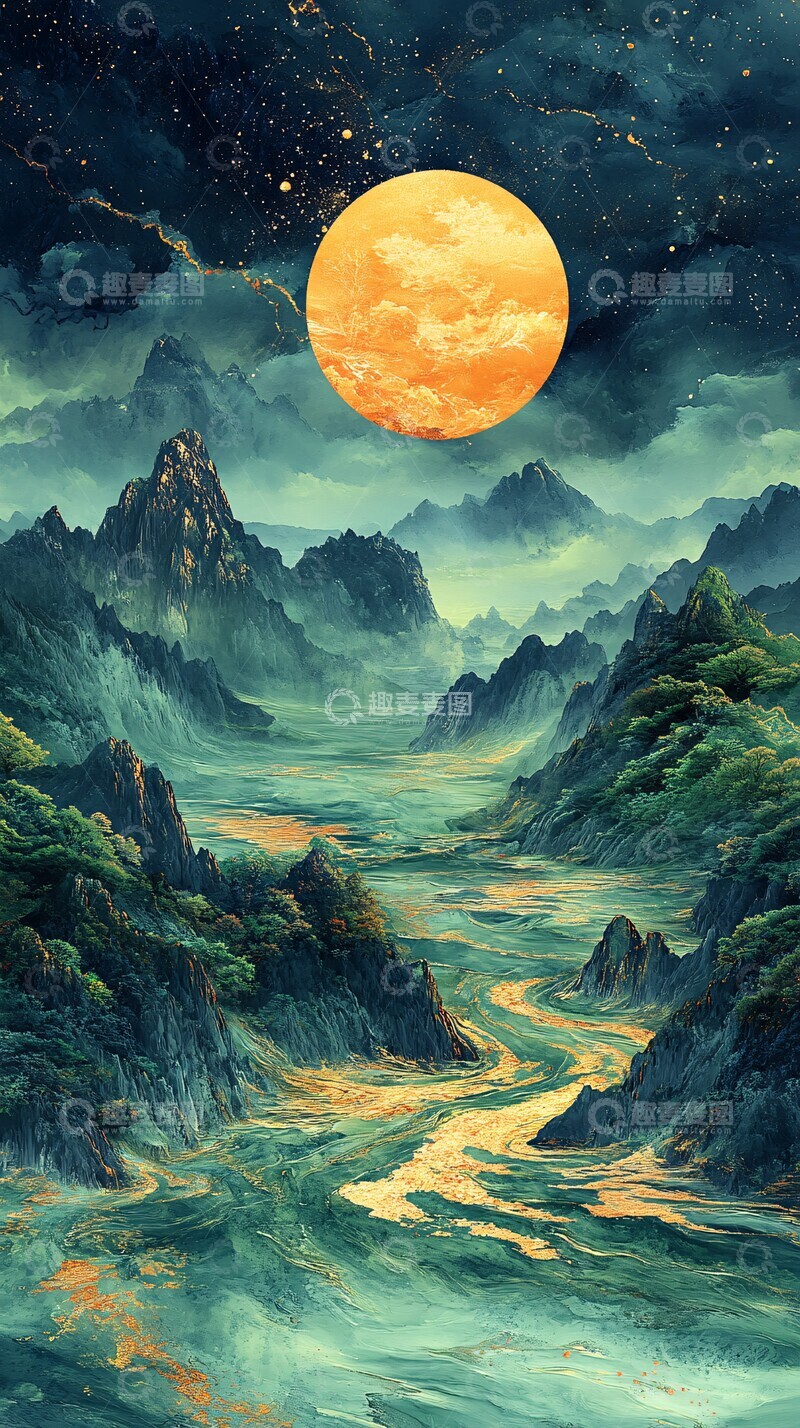 高清大图下载【趣麦麦图】金箔雪山草原画2