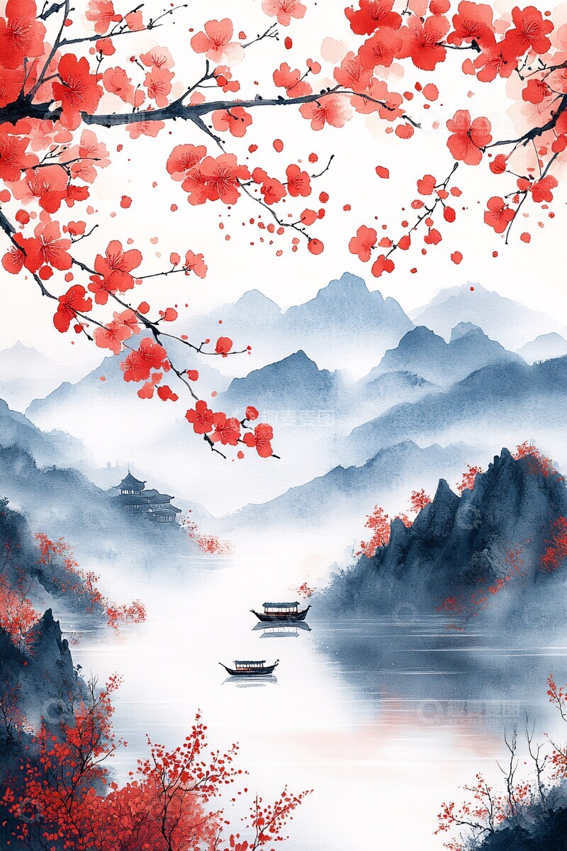 高清大图下载【趣麦麦图】梅花莲花山水画1