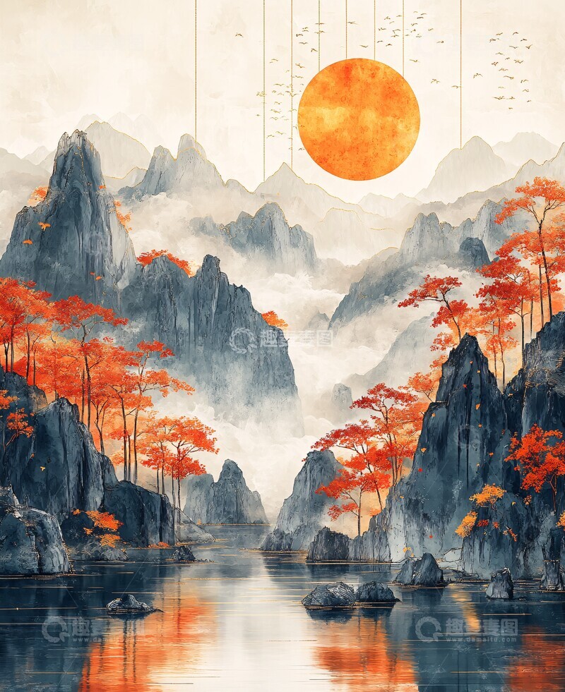 高清大图下载【趣麦麦图】山水云雾金边图1