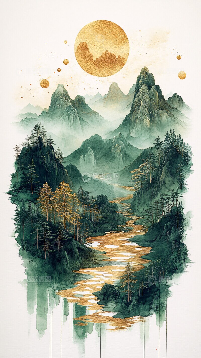 高清大图下载【趣麦麦图】山水画卷山水河流树木1