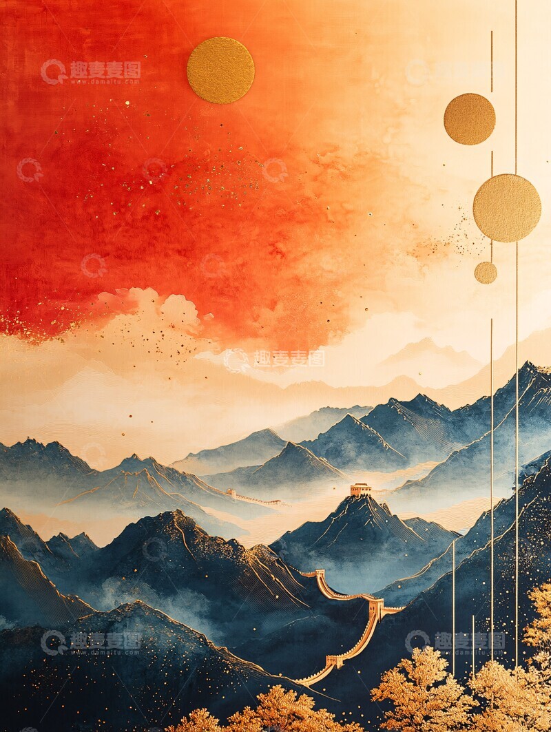 高清大图下载【趣麦麦图】金色山水国庆画卷1