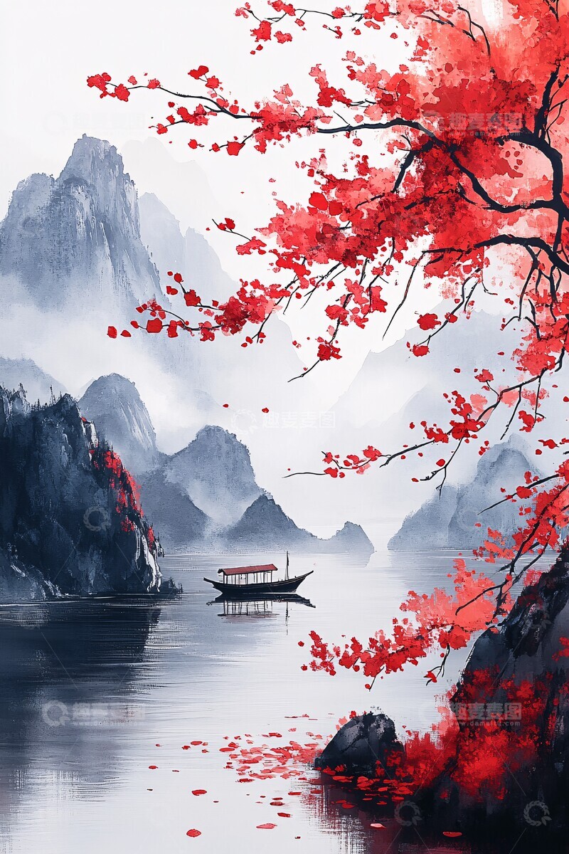 高清大图下载【趣麦麦图】梅花莲花山水画2