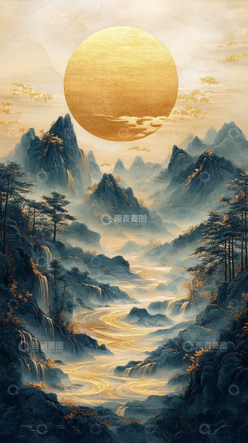 高清大图下载【趣麦麦图】金箔雪山草原画