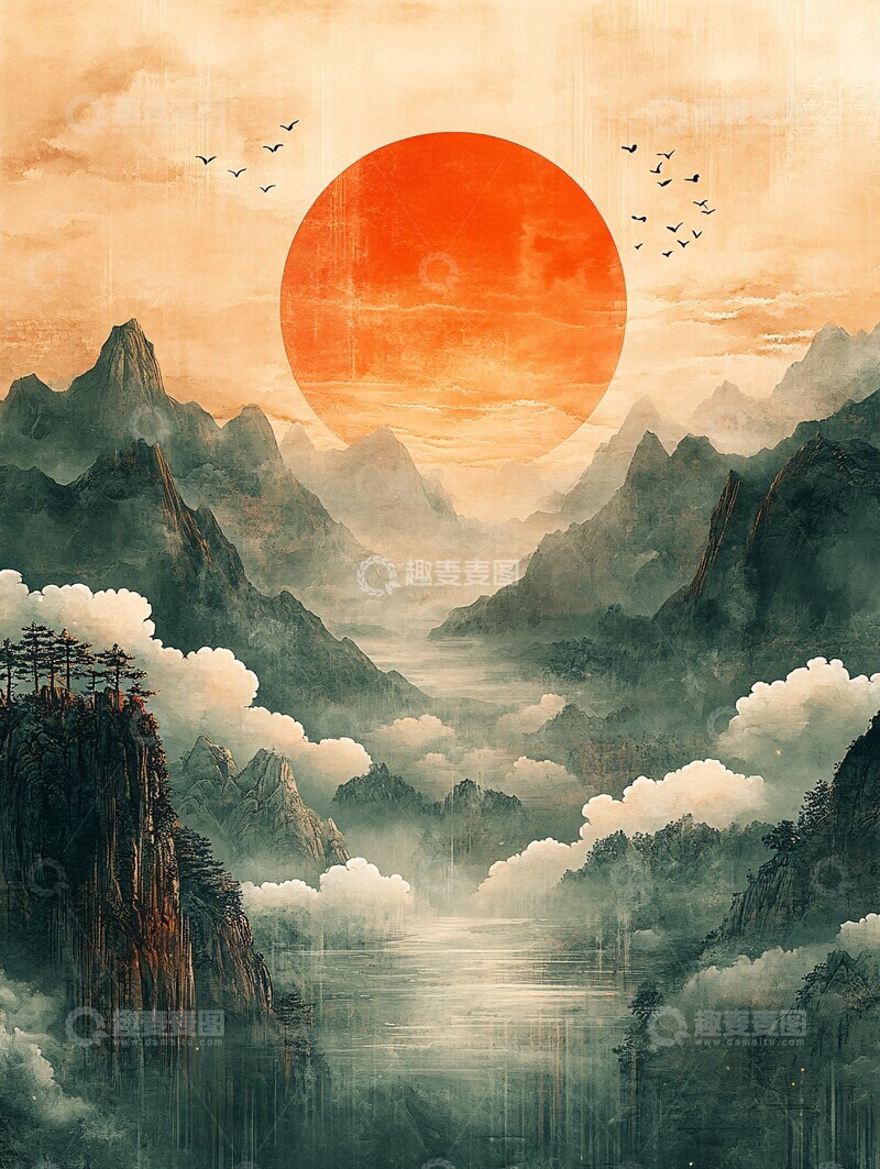 高清大图下载【趣麦麦图】祥云夕照图祥云金色橙色2