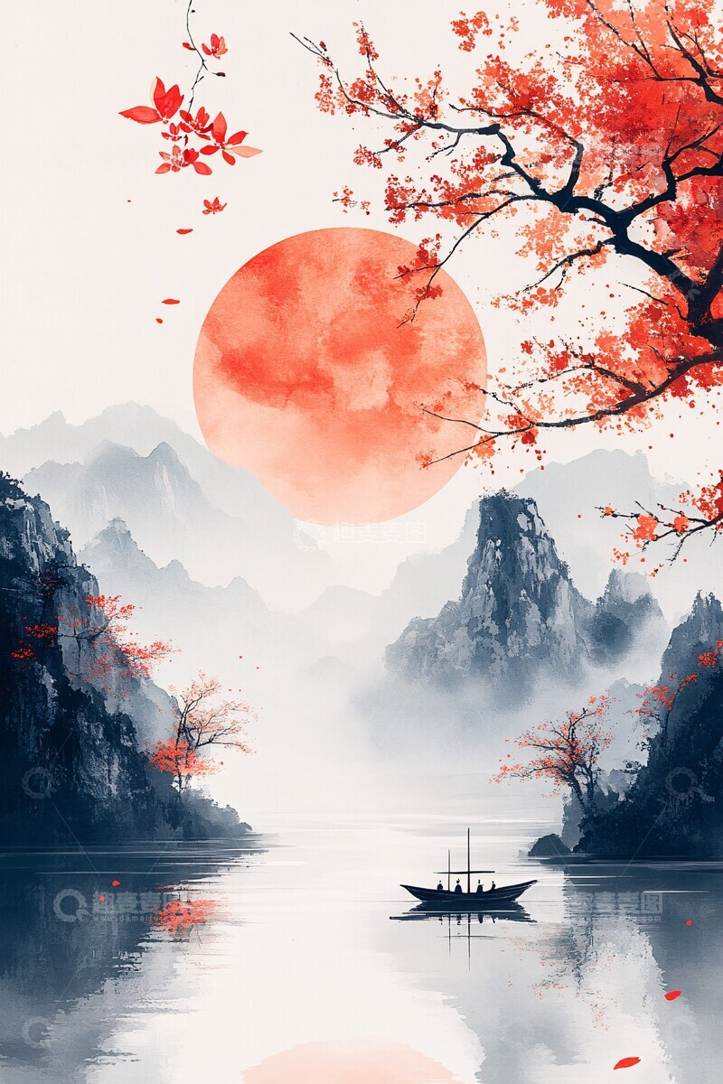 高清大图下载【趣麦麦图】梅花莲花山水画