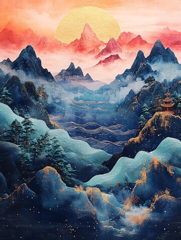 金色云纹山水屏