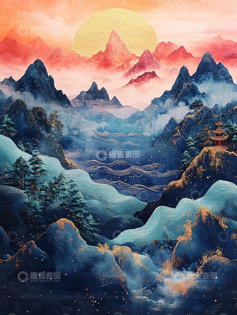 高清大图下载【趣麦麦图】金色云纹山水屏