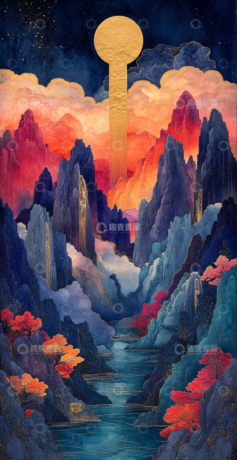 高清大图下载【趣麦麦图】金云山水流动刺绣蓝色1