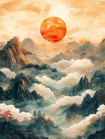 祥云夕照图祥云金色橙色