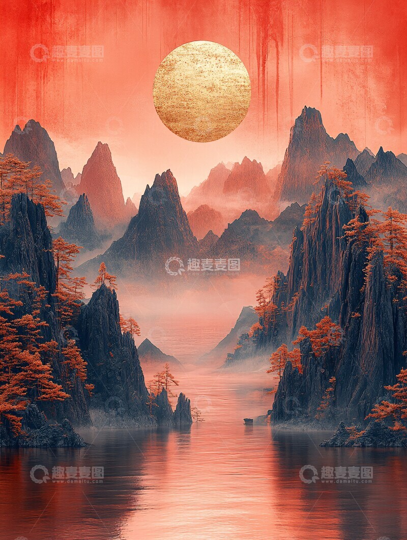 高清大图下载【趣麦麦图】红金山水纹样1