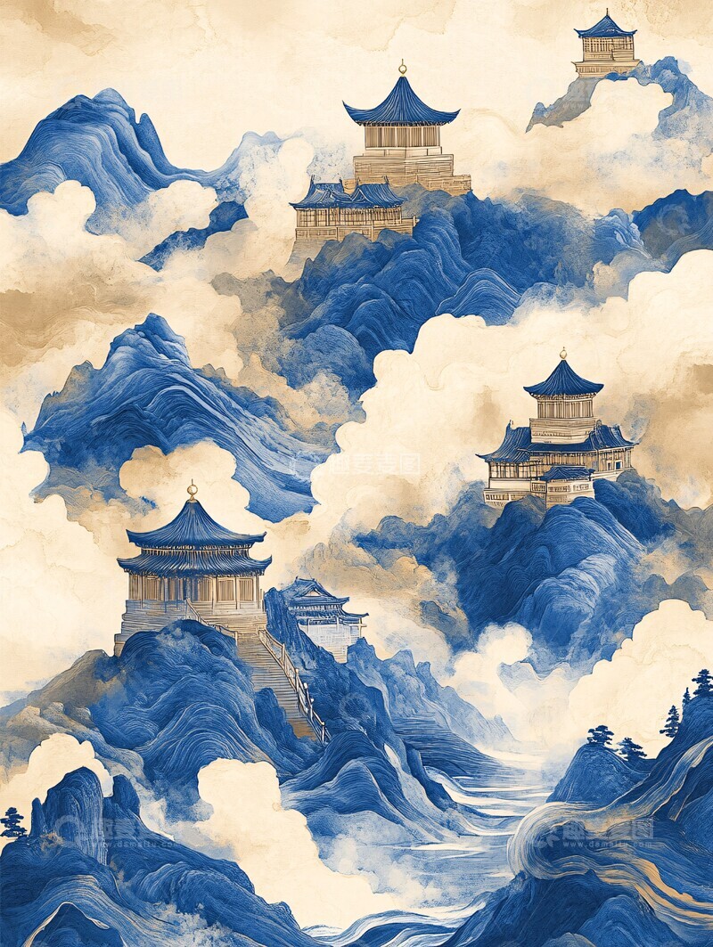 高清大图下载【趣麦麦图】祥云山水金色寺