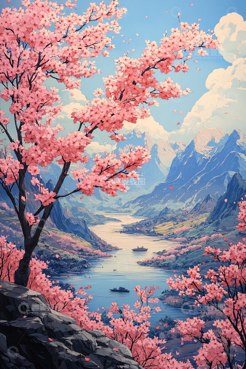 高清大图下载【趣麦麦图】樱花山水剪纸图1