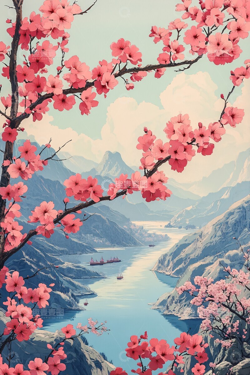 高清大图下载【趣麦麦图】樱花山水剪纸图
