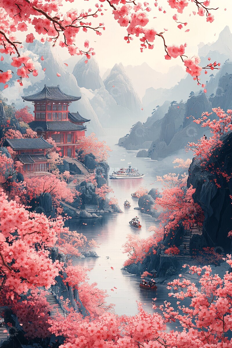 高清大图下载【趣麦麦图】樱花山水剪纸图3