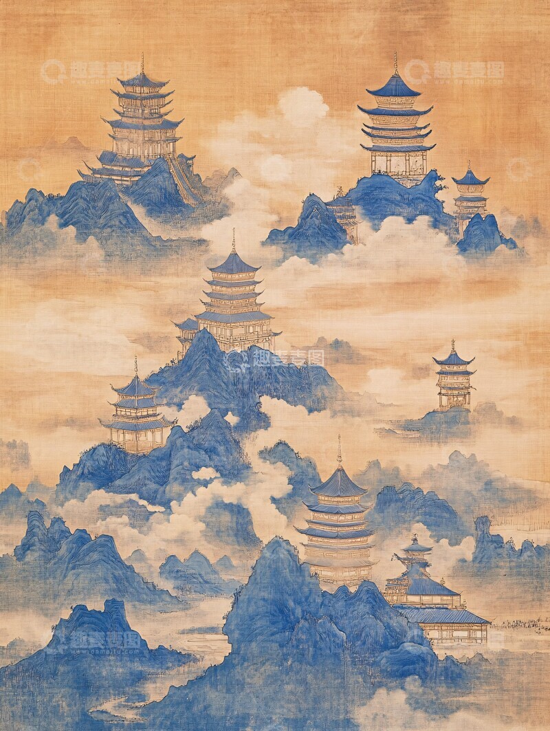 高清大图下载【趣麦麦图】祥云山水金色寺1